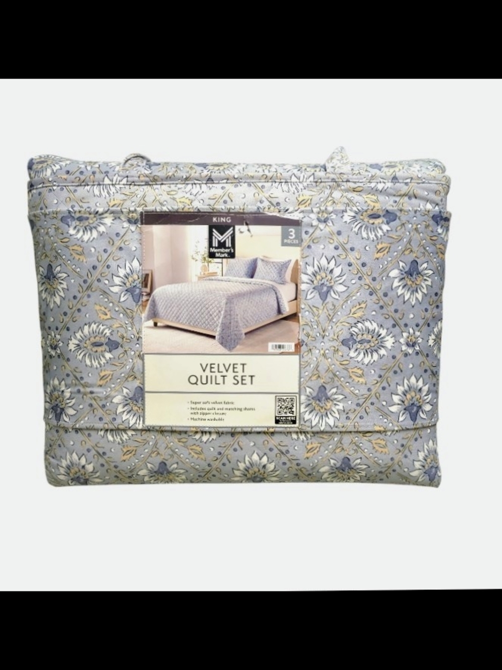 Velvet Quilt Set - Gray And Blue Floral